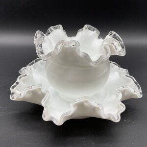 Vintage Silvercrest Fenton Vase & Dish Milk Glass 4"H x 7.5"D
